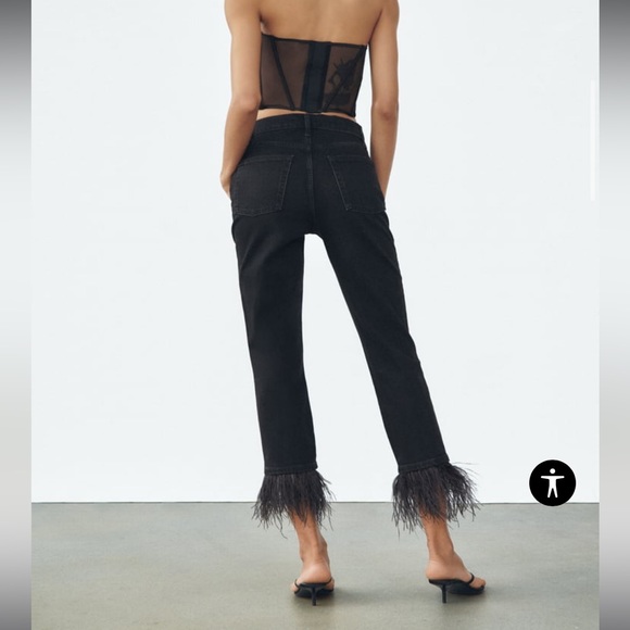 Zara black slim jeans denim with detachable feather fur - Picture 4 of 13